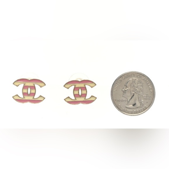 Chanel Pink and White Striped Logo Earrings - Picture 5 of 5
